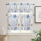 Yun Nist Coastal Starfish Curtain Valance and Tiers Set for Kitchen Windows,Nautical Anchor Rod Pocket Panel Short Drape Blue Seaweed,Tier Valances Window Treatment for Bedroom