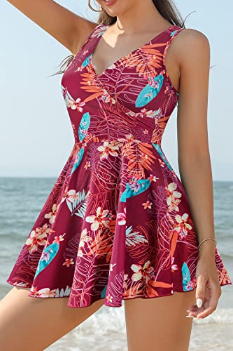 Image of SHEKINI One Piece V Neck Skirt for Women Modest Tummy Control Swimdress Bathing Suits Swimsuit