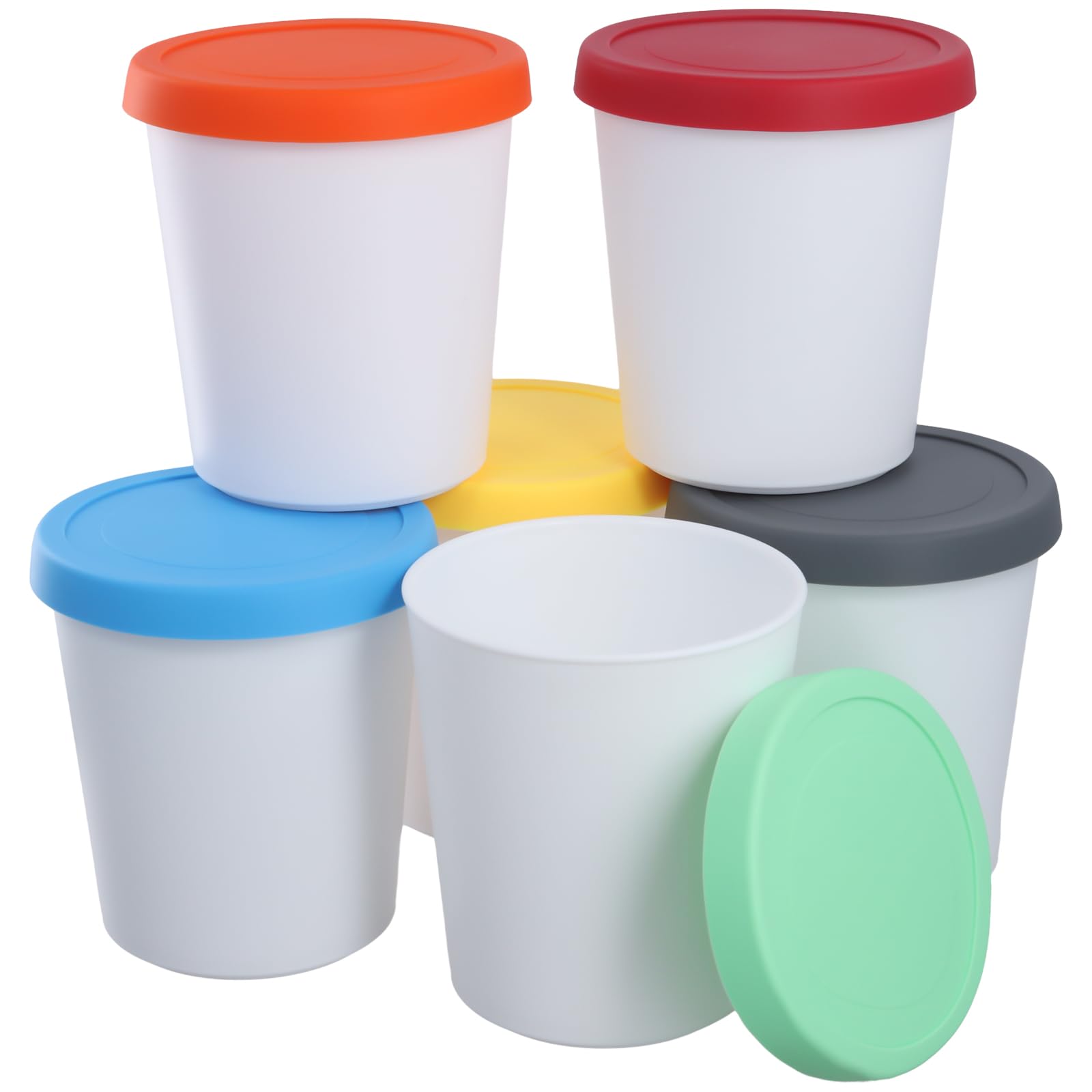 HOIGON 6 Stück Eiscreme-Behälter, 12,4 x 13,7 cm, wiederverwendbare Eiscreme-Behälter mit Silikondeckeln in 6 Farben, hausgemachte Eiscreme-Behälter für Zuhause und Geschäft