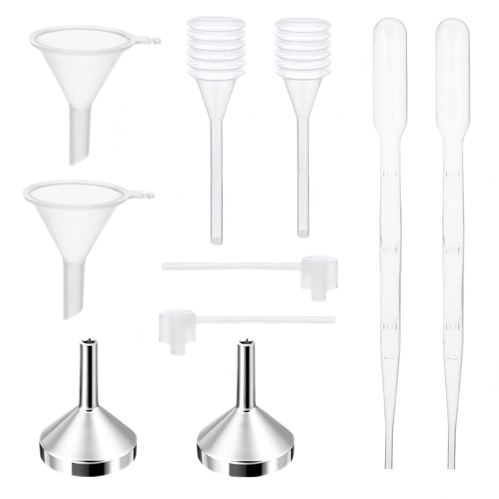 Xnovies 10Pcs Mini Funnels Sets, Aluminium Plastic Small Funnels with Mini Plastic Dropper Pipette Dispenser for Filling Small Bottles, Cosmetics, Crafts, Sand, Essential Oils