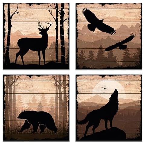 DIMARONGTON Wild Animal Canvas - 12x12 Deer Wolf Eagle Bear Canvas Wall Art - Rustic Cabin Decor Wildlife Wall Art - Woodland Wall Art - Canvas Art Wall Decor 4 Pack Cover