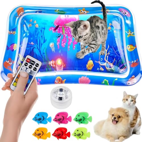 Pet Water Sensory Mat with Remote Control LED Lights Dog Water Bed Water Play Mat for Cats and Small Dogs Thickened Leak-Proof Pet Cooling Mat Aqua Sensory Pad Toy with Floating Fish (1PCS)