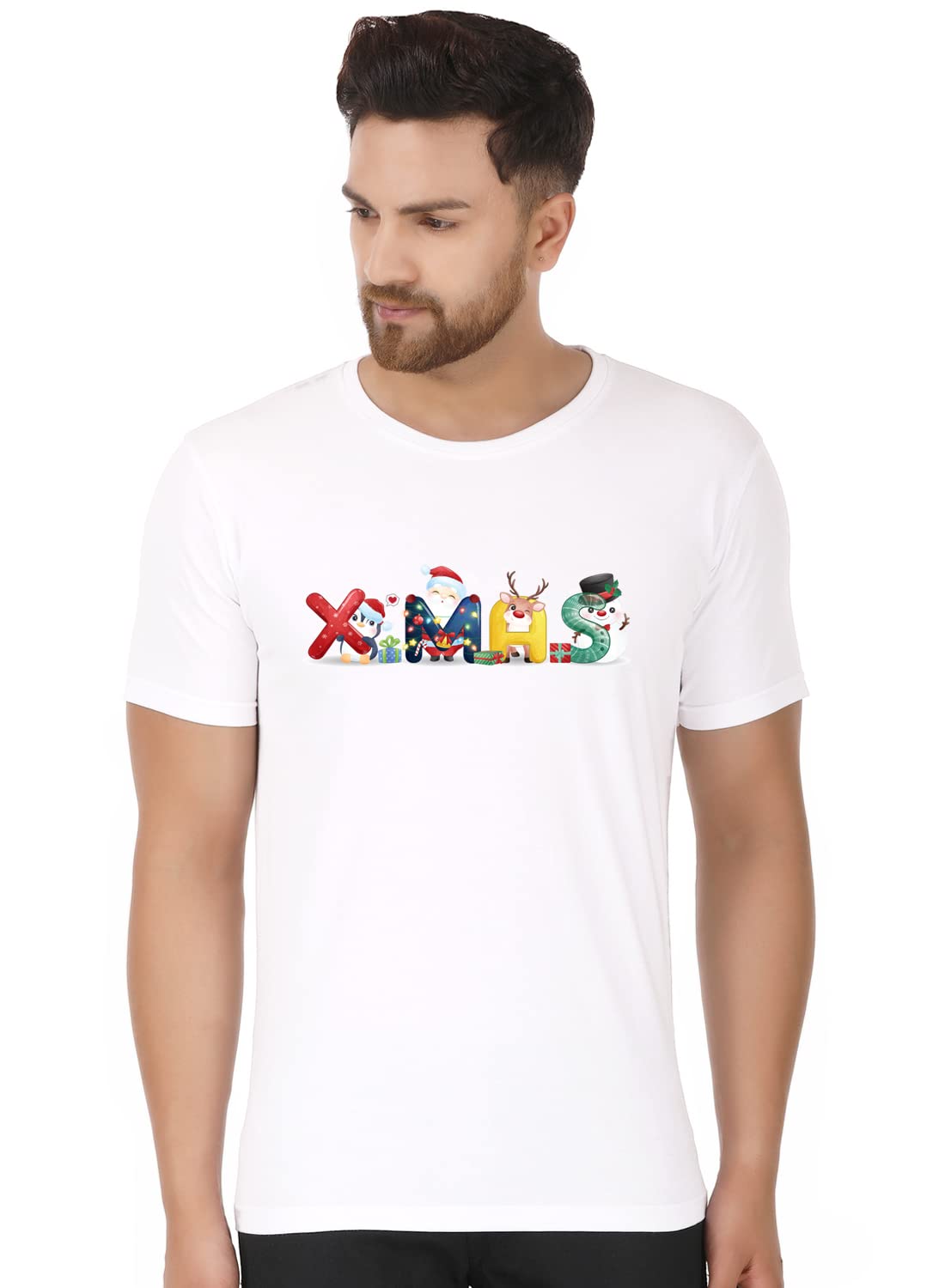 Xmas Special Half Sleeve Cotton Blend Graphic Printed Round Neck Regular Fit Men's T-Shirt Merry Christmas Tshirts White |Christmas Tshirts