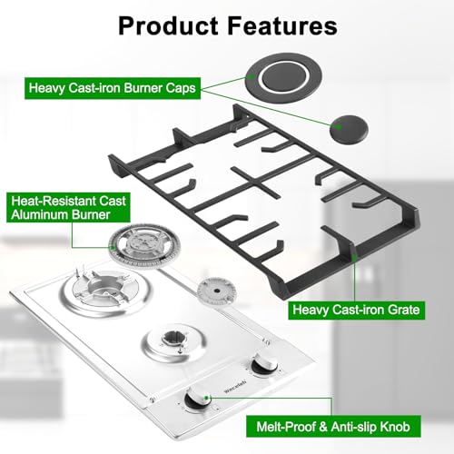 Image of 2 Burner Gas Cooktop, 12 Inch Built-in Gas Stove Top, NG /LPG Convertible Stainless Steel Propane Stove, Electronic Auto Ignition & Heavy-Duty Cast Iron Grates for Kitchen, Apartment, RV, Outdoor