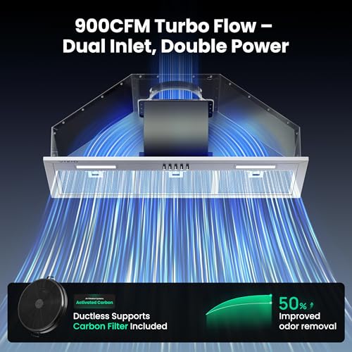 Image of VIKIO HOME Range Hood Insert 30 Inch 900 CFM, 5-Layer Aluminum Mesh Filter, Ducted /Ductless Stainless Steel Built Kitchen Vent, 3-Speed Push Button Controls&LED Lights