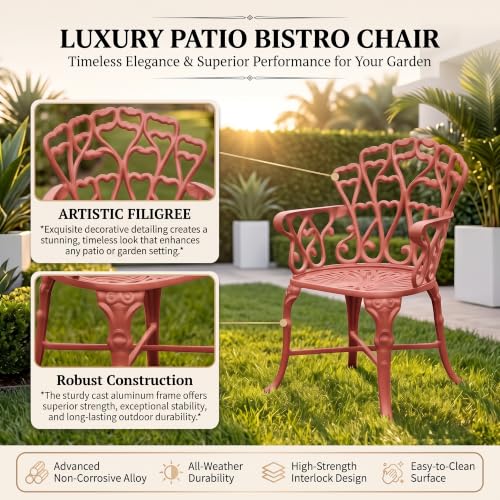 Image of BRISHI Cast Aluminium Garden Patio Seating Chair and Table Set for Balcony Outdoor Furniture with 1 Table and 2 Chair Set (Red)