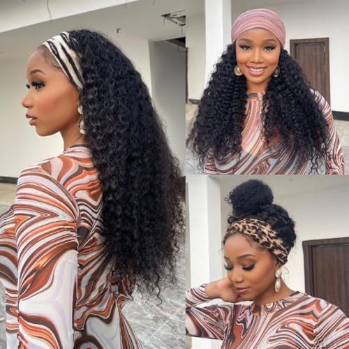 Image of 30 Inch Curly Headband Wig Human Hair 200 Density Kinkycurly Wig Human Hair None Lace Front Wigs for Black Women Natural Color, 100% Human Hair, No Shedding