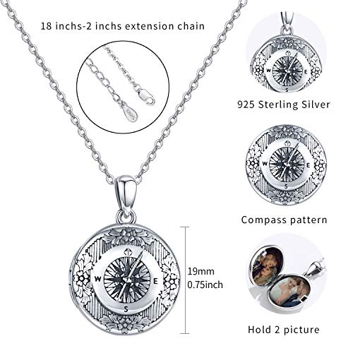 Compass Locket Necklace, Graduation Gift Locket Necklace That Holds Pictures Pendant 925 Sterling Silver Vintage Photo Locket Jewelry Gifts For Women Men Graduation Birthday #TOP6