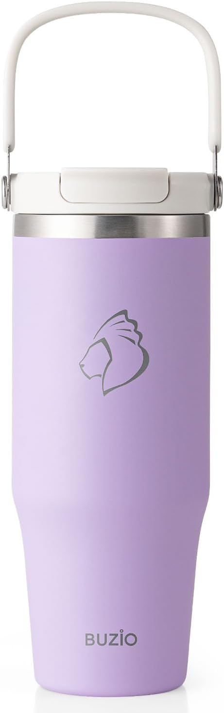 BUZIO 32 oz Tumbler with Handle, Insulated Tumbler with 2-in-1 Lid and Straw, Stainless Steel Vacuum Insulated Iced Coffee Tumbler Cup Water Bottle for Water, Iced Tea or Coffee, Smoothie