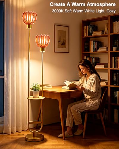 Image of Lightdot Glass Floor Lamp with Table 2-Lights Modern Gold Standing Tall Lamps with Pomegranate Red Lotus Glass Shade,LED Floor Lamp with Foot Switch for Living Room Bedroom Office (Bulbs Included)