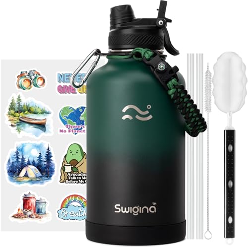 Image of Swigina Insulated Water Bottle with Silicone Boot (36hrs Cold /18hrs Hot) - DIY Stickers, [2-in-1 Lid], BPA Free, 64 oz