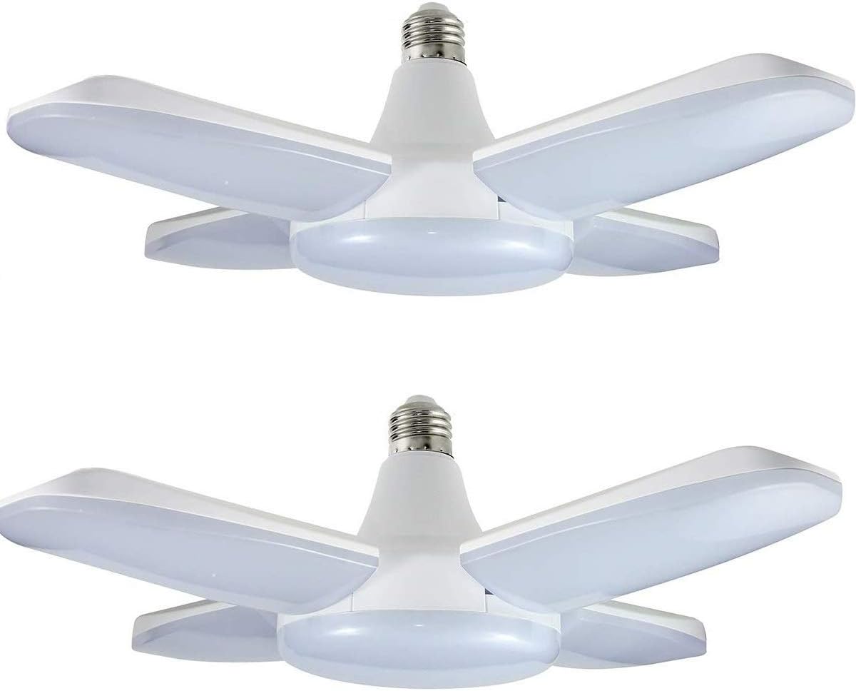 (2 Pack) LED Garage Lights, 60W Trilights Ceiling, High Low Bay Deformable Adjustable 4 Led Light Bulbs 6000LM 6000K, Screw in Tribright Garage Lighting Fixture,CRI80 Daylight