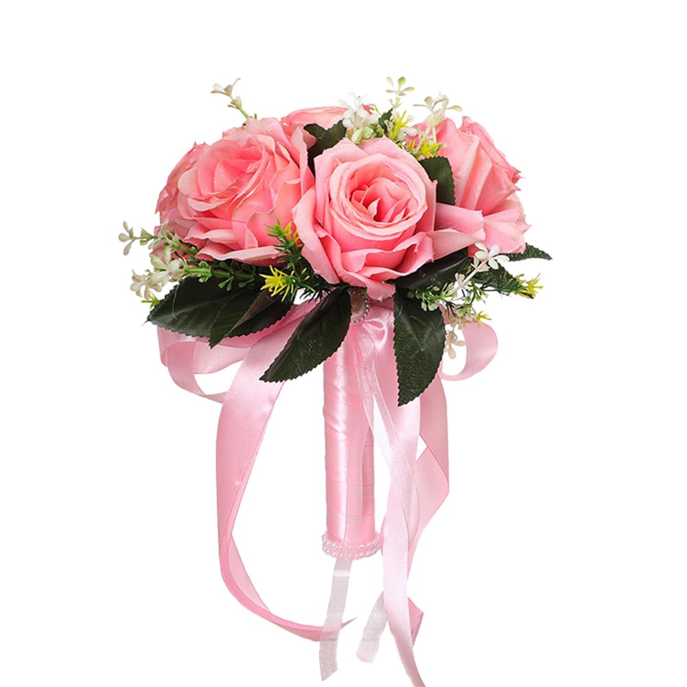 JOYWU Wedding Bouquets for Bride,24 x 20cm Bridal Bridesmaid Rose Bouquet with Ribbon,Flowers and Leaf,White Purple Pink Blue Artificial Roses Flowers Bouquets for Wedding Church Decoration (pink)