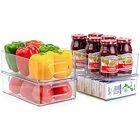 Set of 4 Refrigerator Storage Box,Clear Kitchen Cupboard Organiser Stackable Fridge Storage Containers with Handles for Fridge Kitchen Pantry Cabinets Drawer - BPA Free Refrigerator Organizer Cover