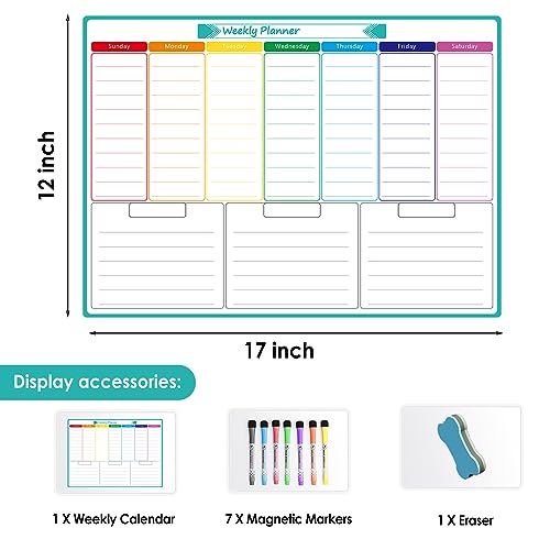 ‎Maxgear Weekly Dry Erase Board For Fridge, Magnetic Calendar Whiteboard Planner For Refrigerator With Stain Resistant Technology, Include 7 Fine Point Markers And 1 Eraser, 17"X12" #TOP4