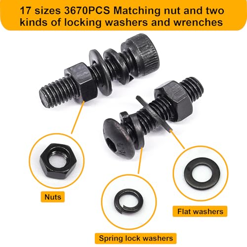 Image of weideer 3670pcs M2 M3 M4 M5 Metric Screw Assortment Kit,Metric Bolt Assortment,12.9 Alloy Steel Hex Socket Head 10.9 Alloy Steel Hex Button Head Machine Screws Nuts Washers with Wrench