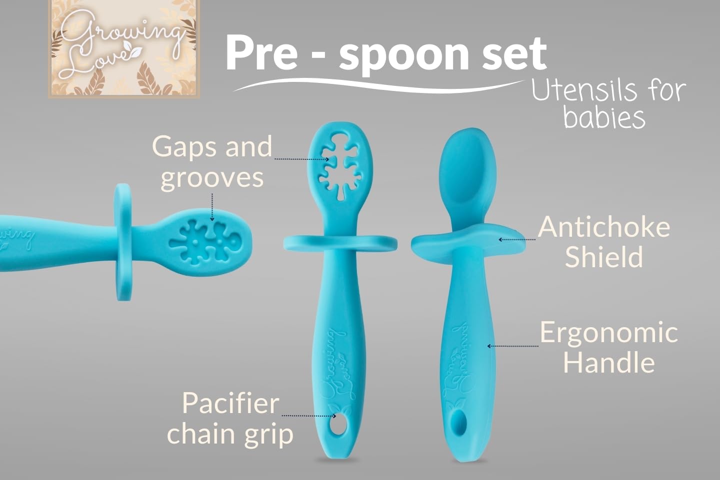 Growing Love Baby Spoons Set, Self Feeding 6 months, Pre-Spoon, Baby utensils, training spoon, cuchara bebe, blw, 100% silicone, Anti choke shield