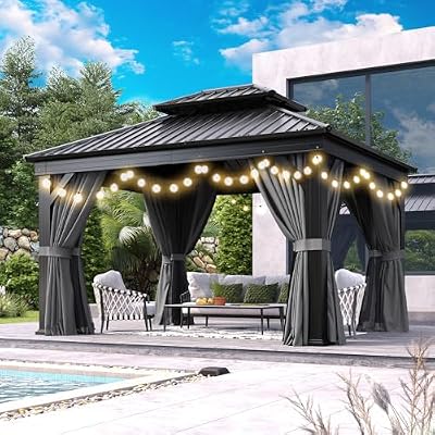 Aoxun 10' X 12' Hardtop Gazebo, Aluminum Outdoor Gazebo with Galvanized Steel Double Roof Canopy, Permanent Metal Gazebo with Curtain and LED Outdoor Waterproof Hanging Lights, Square Foundation