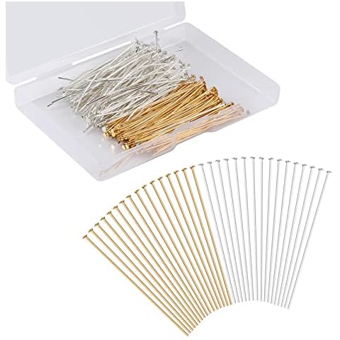 KINBOM 300 Stück Gerade Stecknadeln, Kopfstifte Schmuckherstellung 5cm Lang Sortiert End Kopfstifte Silber & Gold Schmuckstifte für DIY Ohrringe Armbänder Halsketten Anhänger (Flachkopfstifte) Cover