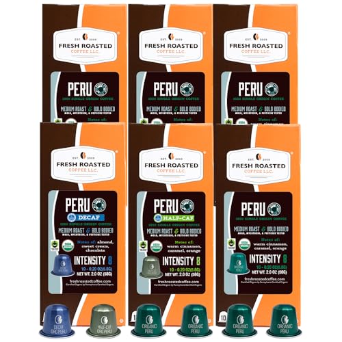 Image of Fresh Roasted Coffee, Organic Peru Variety Espresso Capsules for Nespresso OriginalLine, USDA Organic, 3rd Party Tested for Mold, Mycotoxin & Pesticides, Kosher, 60 Recyclable Aluminum Capsules