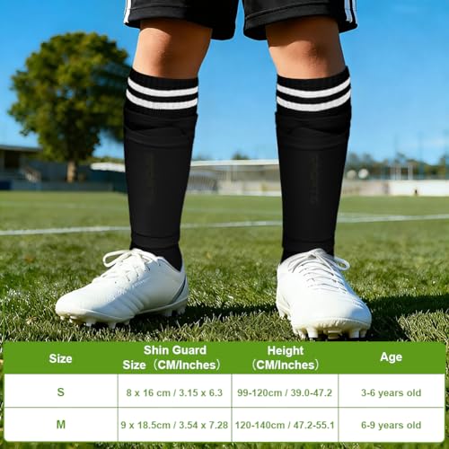 DiULi Espinilleras Futbol Niño, 9 x 18,5cm Espinilleras Pequeñas, Sujeta espinilleras de Fútbol, Medias y Calcetines con Bolsillo para Caneleiras Futbol Criança, Protección Total (Negro 3pcs M) - imagen 2