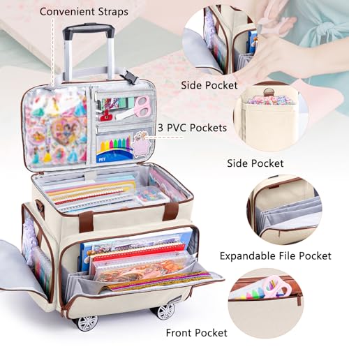 AMOIGEE Rolling Craft Bag with Wheels, 360° Swivel Rolling Scrapbook Organizer for Cricut, Paper Crafts, Classroom Supplies, Large Teacher Tote with Detachable Trolley for Men, Women by AMOIGEE - Image 4