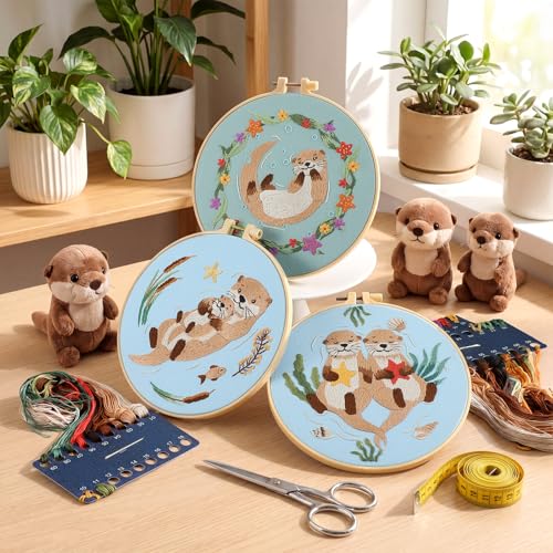Image of Mindsoft 3 Set Needlepoint Kit for Beginners with Hoop,Otter | Bamboo Hoop Thread Needles Instructions, Easy Hand Embroidery for Beginners Home Crafts,Pre-stamped Funny Cute Designs