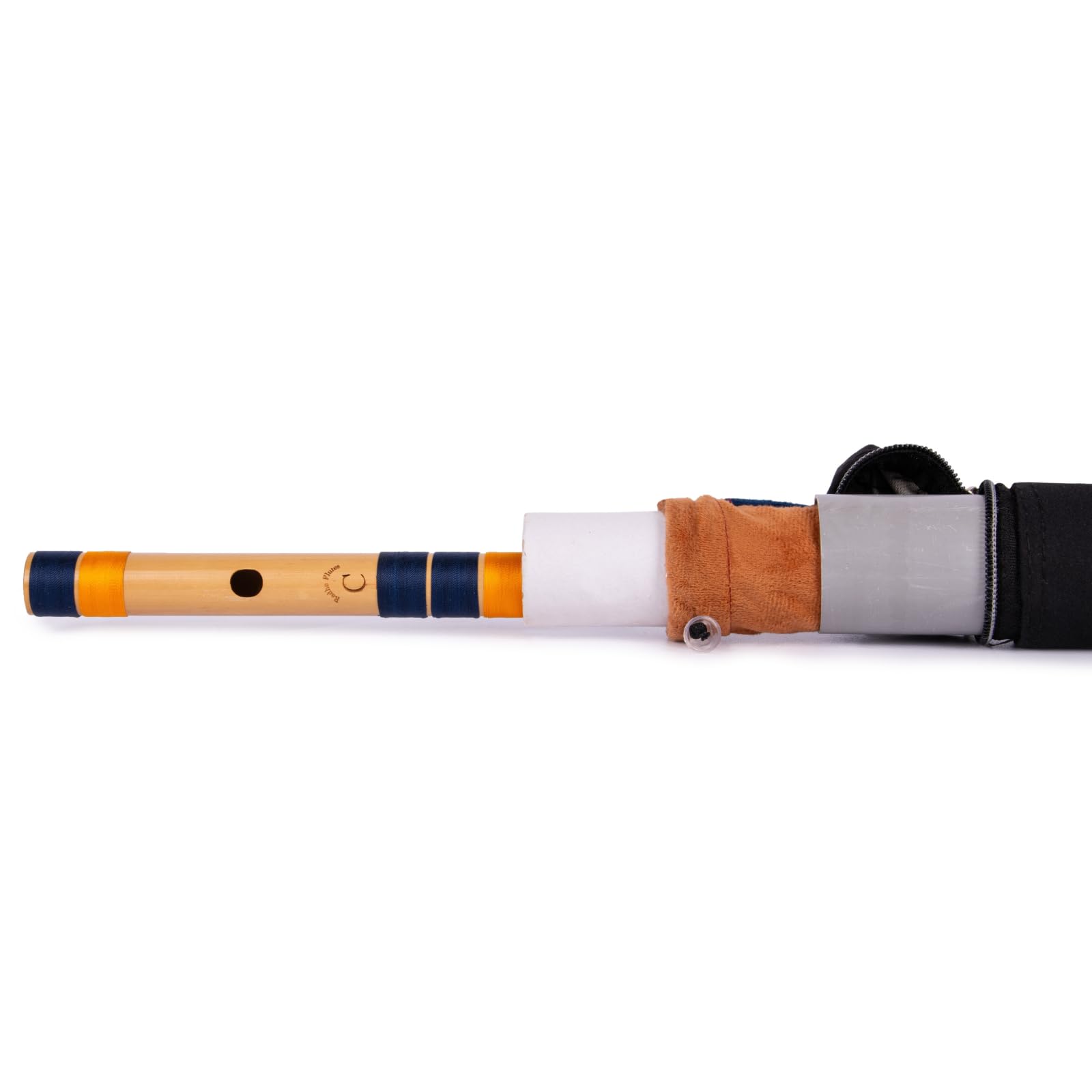 Radhe Flutes Professionelles Bambus-Bansuri, C Natur, Rechtshänder, mittlere Oktave, mit festem Einband, Samtbezug und Papierröhre, Dunkelblau und Orange