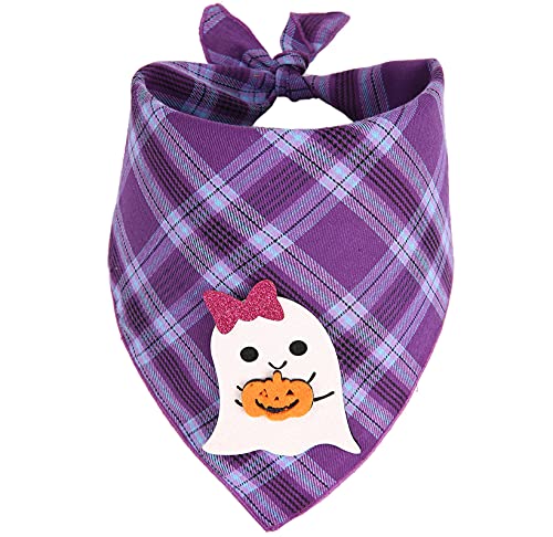 Bandana para perro de Halloween con apliques fantasmas, bufanda de cuadros púrpura para perros pequeños, medianos y grandes
