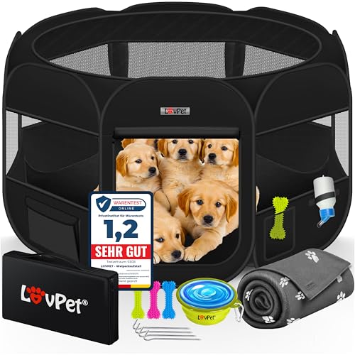 LOVPET® Welpenlaufstall Tierlaufstall Faltbar für Kleintiere Hunde, Katzen Inkl. Hundenapf und Fleece Decke Hundelaufstall Freigehege Oxfordgewebe Pop-up System Indoor & Outdoor, Schwarz