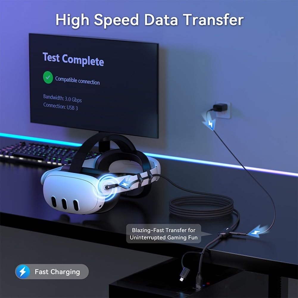 Cavo di collegamento USB 3.0 VR da 5 m per cuffie PCVR, cavo dati di ricarica rapida da 36 W, in nylon intrecciato con angolo di 90 gradi