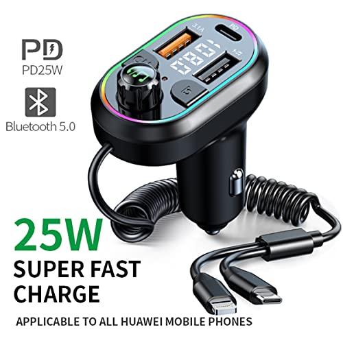 Dual Usb In-Car 25W Fast Charger With Charging Cable, Wireless Bluetooth Radio Adapter With Colorful Ambient Light, Free Fm Transmitter, Hands Free Calling, Mp3 Player Receiver Support U Disk #TOP1