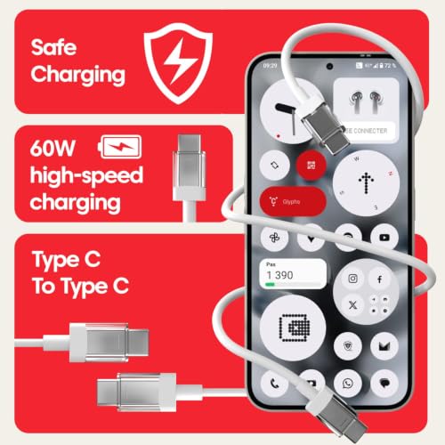 Image of 65W Type-C to C 6A Fast Charging Cable Compatible with Nothing Phone 4b /4a /4a Pro /3 /3a Pro /3a /2a /2a Plus /Cmf Phone 1 /Cmf /Bud /Laptops & Type C Devices Sync Data Transfer Speed Cable, White