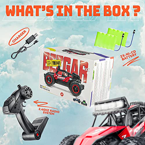 BEZGAR TB141 Remote Control Cars - 1:14 Scale RC Car, 2WD 20KM/H All-Terrains Toy Off Road Vehicle Monster Truck with Two Rechargeable Batteries for Boys Kids Adults and Girls, Red - Image 4