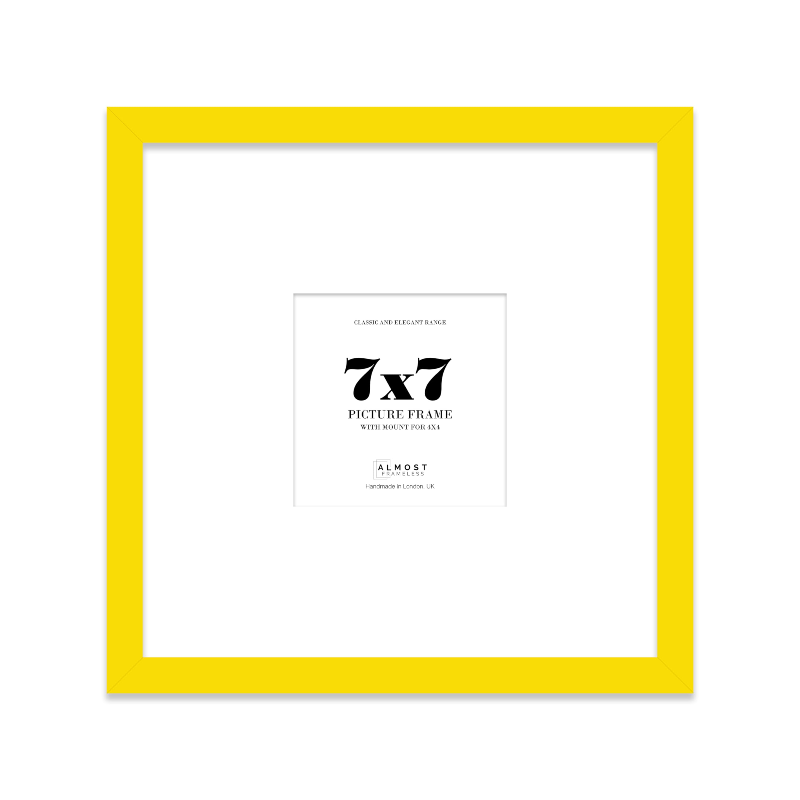 Almost Frameless 7x7 Square Picture Frame, Display Pictures 4x4 With Mat or 7x7 Without Mat, Wall Hanging & Free Standing Photo Frame, Yellow, 1 Pack