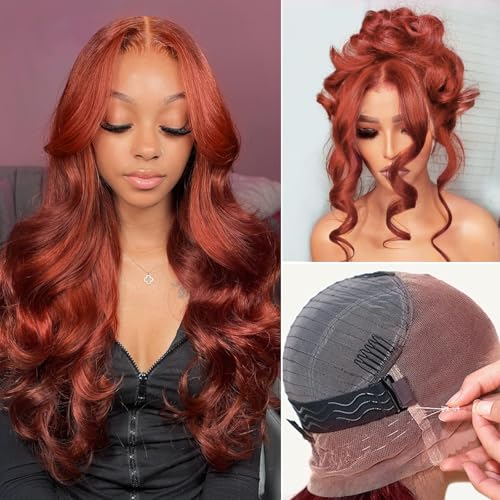 Auburn 360 Lace Front Wigs Human Hair Invisi Strap Reddish Brown 360 Glueless Wigs Human Hair with Drawstring 200 Density Pre Plucked 33 Colored Body Wave Lace Frontal Wig 20 Inch - Image 3