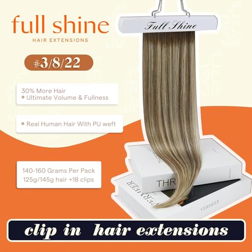 Image of Full Shine Seamless Clip in Hair Extensions Human Hair, 20 Inch 150g 8 Pcs Brown Ombre Light Brown Mix Blonde Hair Extensions Clip Ins for Women, Invisible PU Skin Weft, Thick Hair for Volume