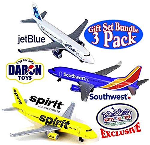 Daron Southwest, Jetblue & Spirit Airlines Die-Cast Planes Gift Set Bundle With Bonus Matty's Toy Stop Storage Bag - 3 Pack #TOP1