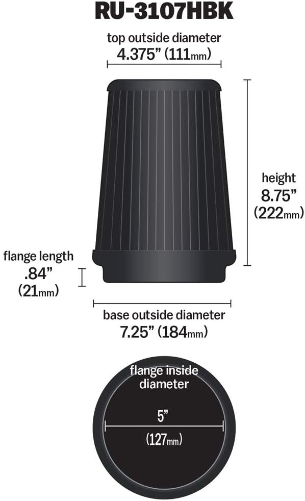 K&N Dryflow Lifetime Universal Clamp-On Air Filter: Dry Synthetic, Washable, Oil-Free: Flange Diameter: 5 In, Filter Height: 8.75 In, Flange Length: 1 In, Shape: Round Tapered, RU-3107HBK