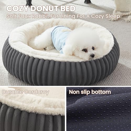 Image of 23 inches Donut Dog Bed for Small Dogs - Calming Round Puppy Bed with Removable Cover, Washable Milk Plush Faux Fur Pet Bed for Cats, Fits Pets up to 15 lbs(Charcoal,Small)