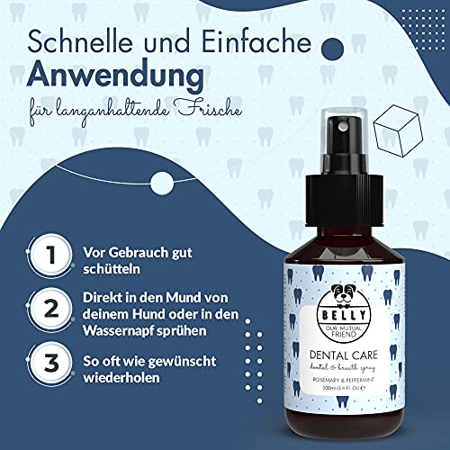 Belly® Dentalspray für Hunde -100ml- Frische Minze - Kein Spülen oder Bürsten - Beseitigt Mundgeruch - Zahnpflege Hund - Anti Zahnstein und Mundgeruch Hund, Dentalspray für Katzen