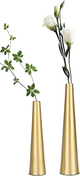 Vixdonos 10.5/8.5 inch Gold Metal Vase Small Dried Flower Vase Set of 2 Taper Vase for Wedding Table Centerpiece Decorations, Home Decor Gold
