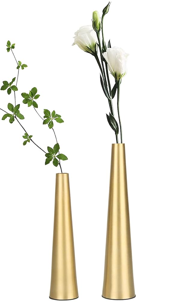 Vixdonos 10.5/8.5 inch Gold Metal Vase Small Dried Flower Vase Set of 2 Taper Vase for Wedding Table Centerpiece Decorations, Home Decor (Gold) by Vixdonos - Used condition - US$17.49
