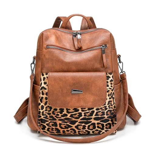 Image of WYFJNX PU Leather Backpack Purse for Women Fashion Multipurpose Design Handbag Ladies Shoulder Bags Travel Backpack Brown with Leopard Print