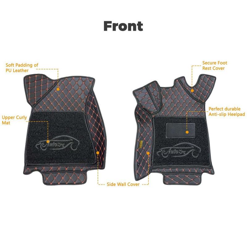 Image of 7D Luxury Car Floor Mat for Skoda Superb (2017 to 2022) | 7-Layer Leather, Curly Base, Heel Pad, Anti-Skid & Waterproof (Black Red)