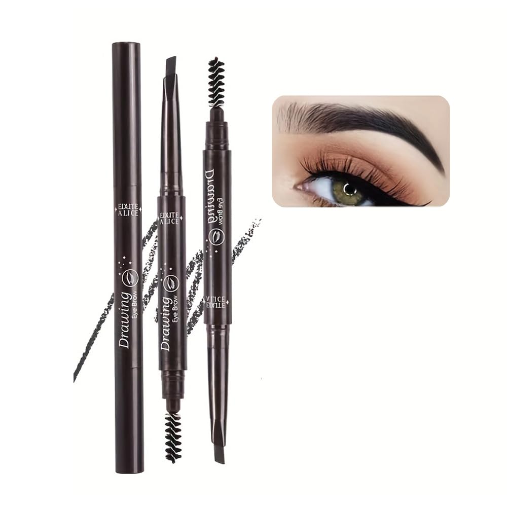 Lápiz de cejas con cepillo de cejas, lápiz de microcejas, doble cara, resistente al agua, rellena las cejas, aspecto natural de larga duración (negro)