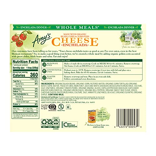 Amy's Frozen Meals, Cheese Enchilada, Made With Organic Black Beans And Corn, Gluten Free Microwave Meals, 9 Oz #TOP2