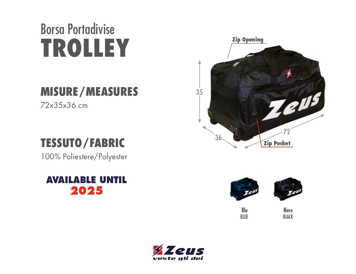 BORSA PORTADIVISE TROLLEY ZEUS VIAGGIO BORSONE BAGS SPORT ALLENAMENTO CALCIO CALCETTO (72x35x36 cm, Blu)