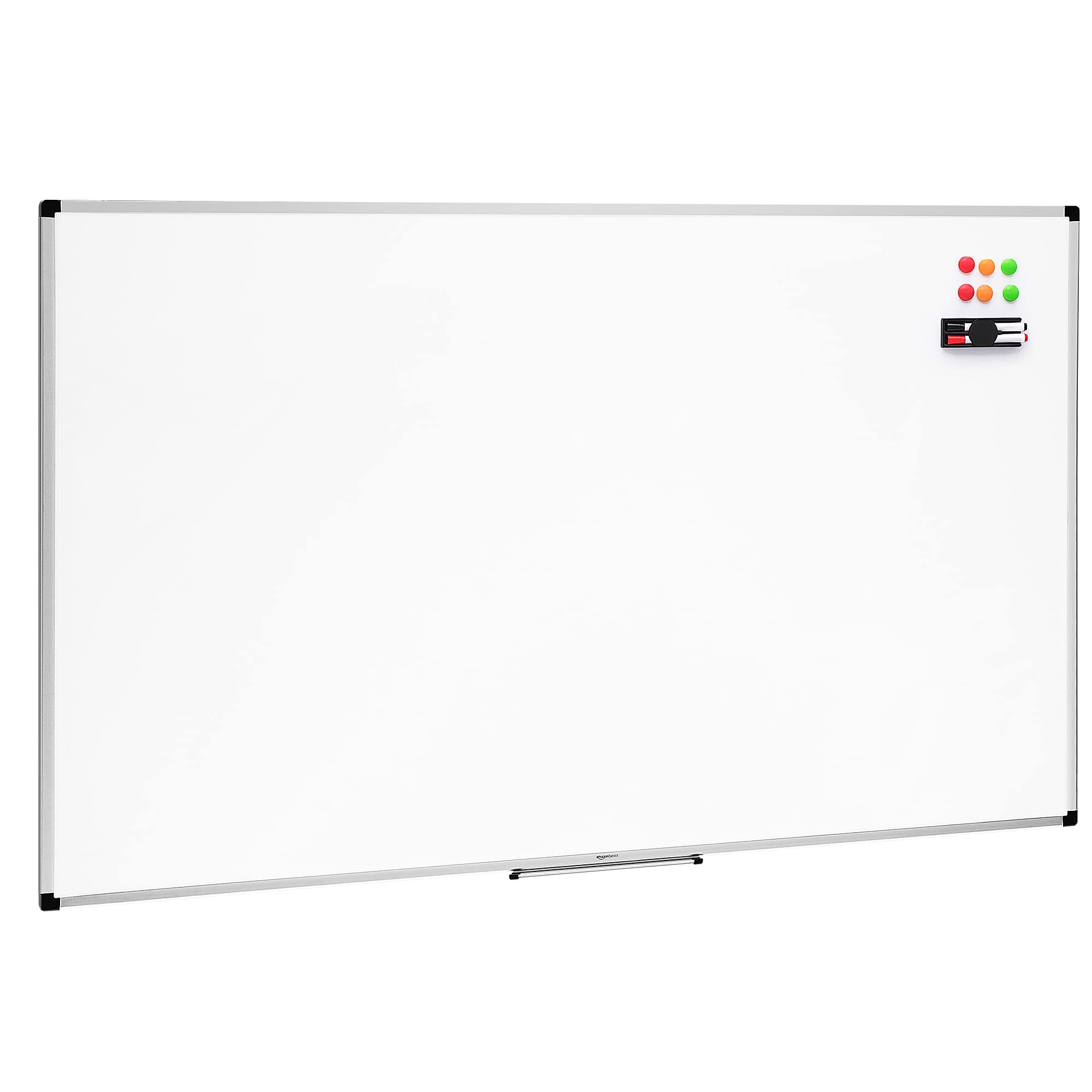 Amazon Basics Pizarra Blanca Magnética con Marco de Aluminio, Bandeja para Rotuladores, 6 Imanes, 1 Borrador y 2 Rotuladores para Uso en Oficina y Hogar, Montaje en Pared, Borrado en Seco, 90 x 60cm