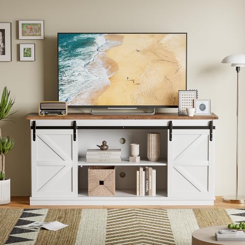 Image of JUMMICO TV Stand for 65 Inch TV, Sliding Barn Doors, White